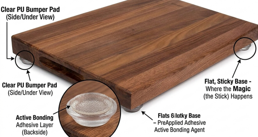 Wooden cutting board with clear adhesive pad and labeled components on a white background