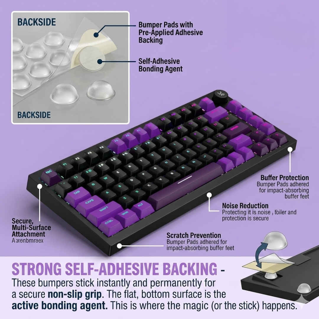 Keyboard with self-adhesive bumper pads on a purple background, showing features and text.