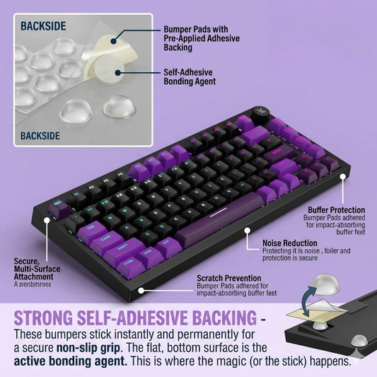 Keyboard with self-adhesive bumper pads on a purple background, showing features and text.