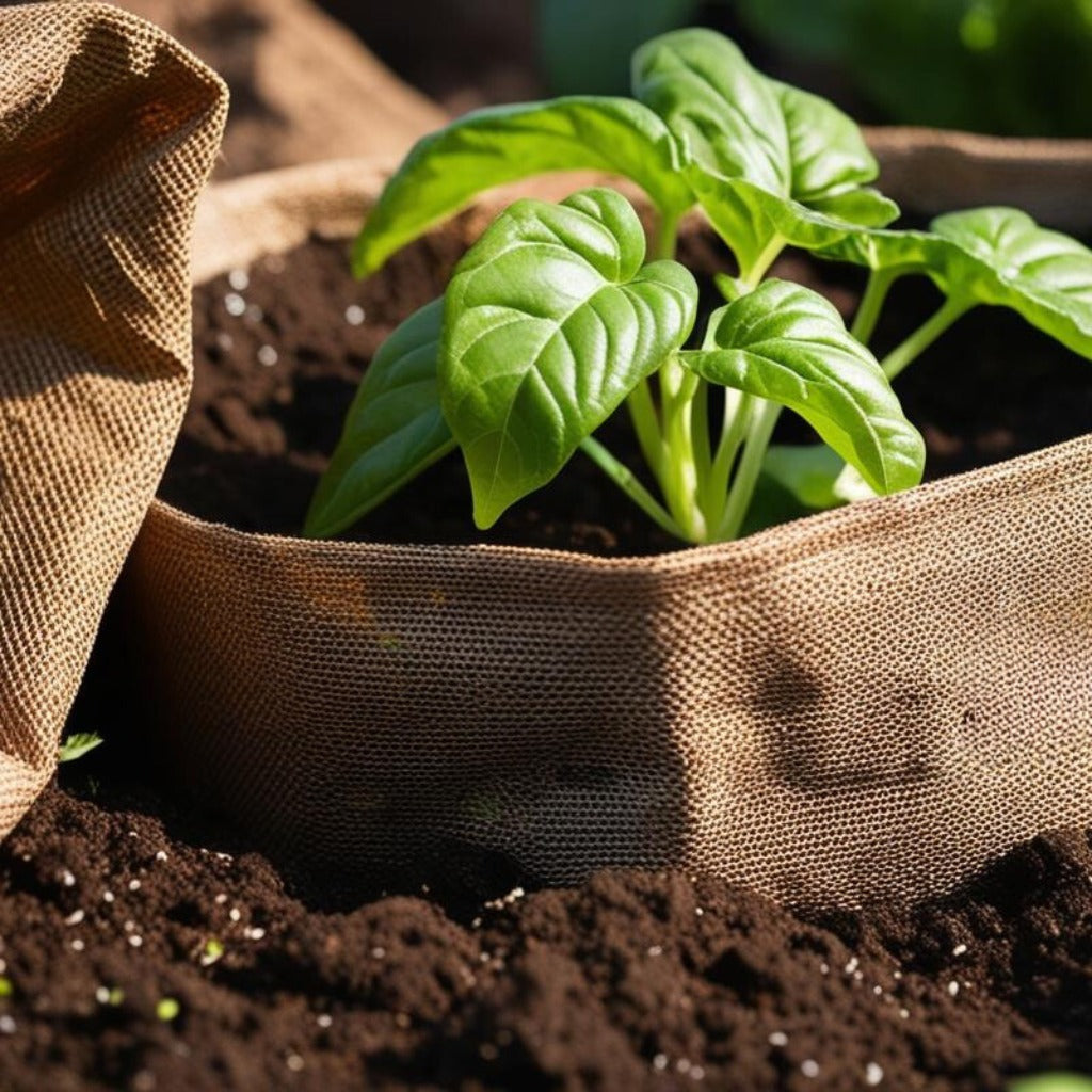 "Eco-friendly grow bags for urban gardening on a balcony."
