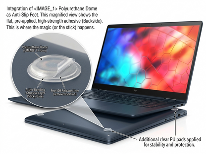 Laptop with polyurethane dome anti-slip feet integration shown on a white background